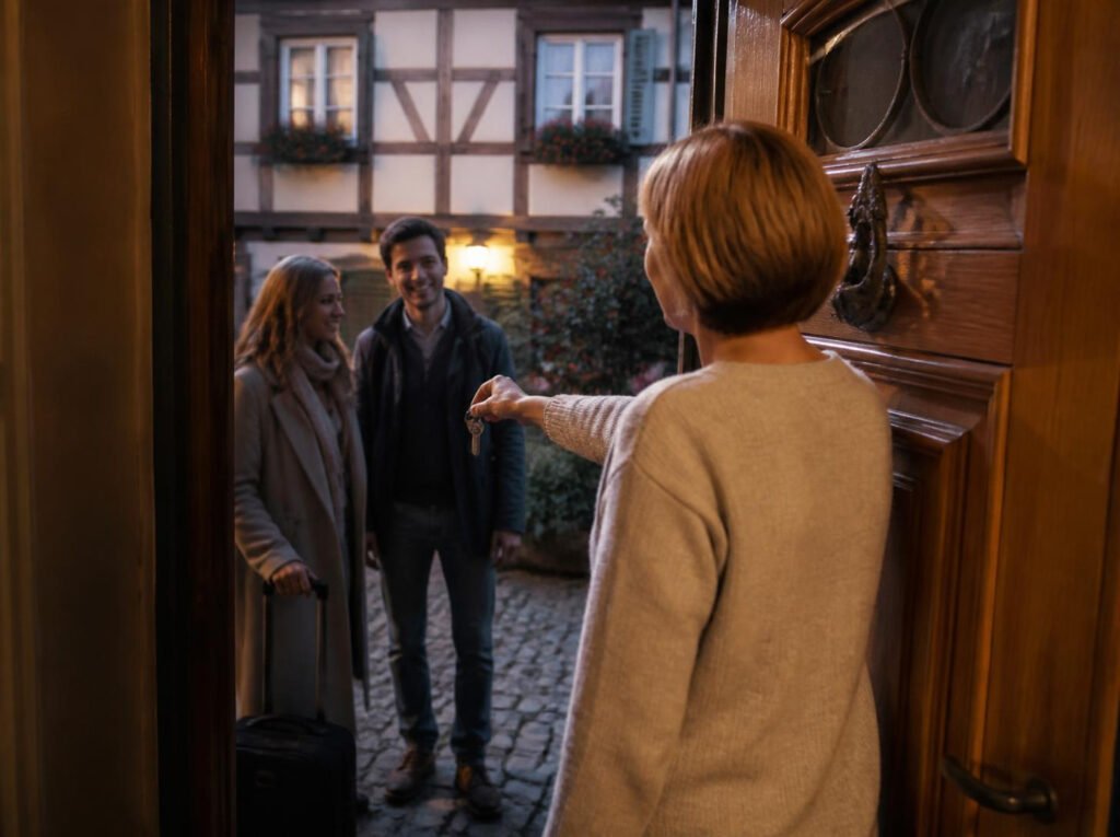 Remise des clés à des voyageurs devant un immeuble alsacien à Strasbourg
