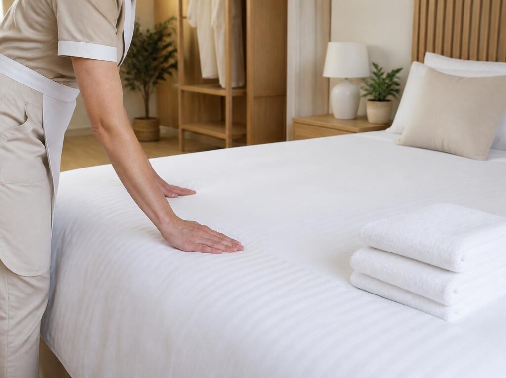 Préparation d'un lit avec du linge blanc dans un appartement Airbnb à Strasbourg